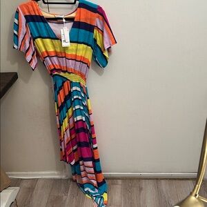 NWT Trina Turk Multicolor Asymmetrical Dress XXS Elastic Waist Resort Swim Beach